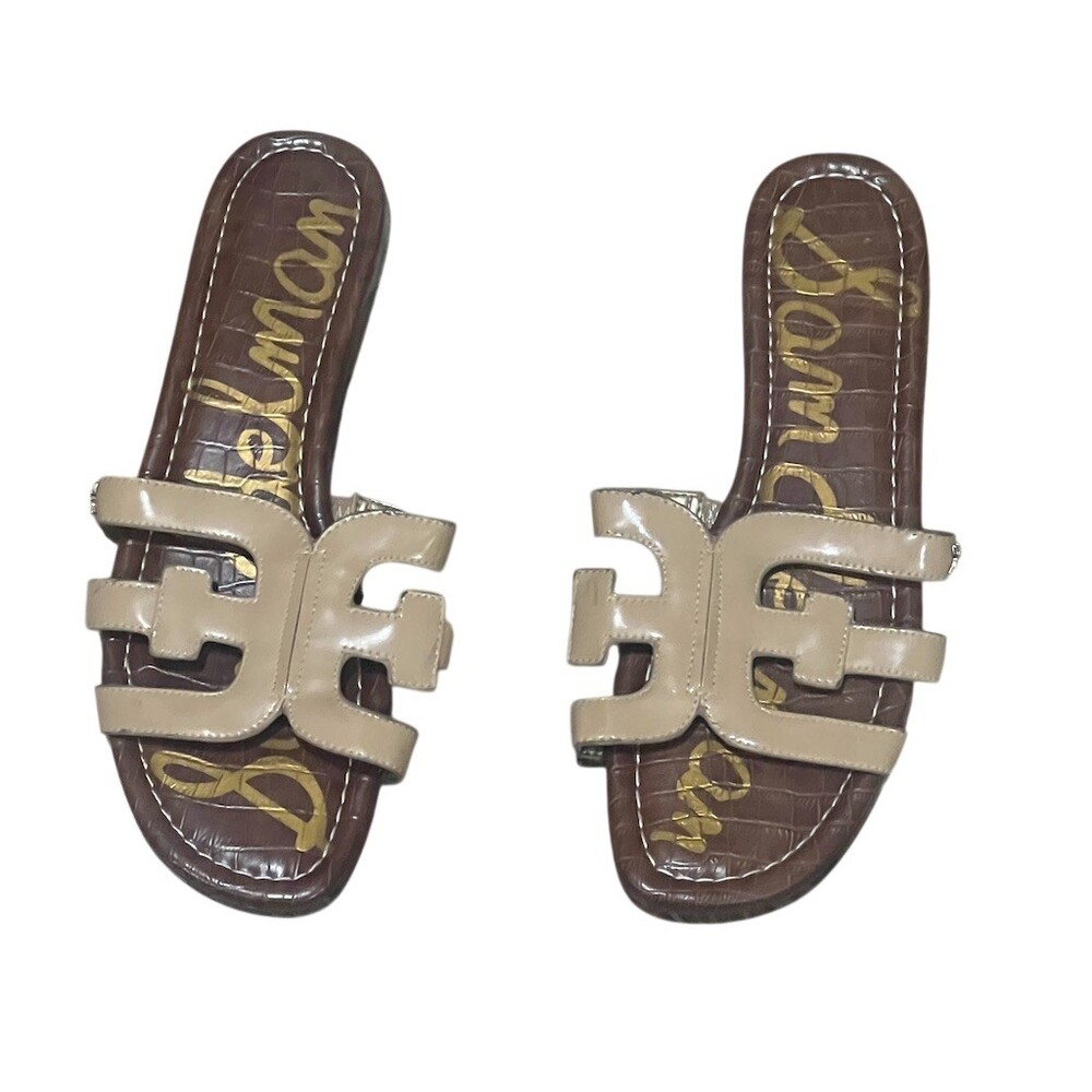 Sam Edelman Bay Slide Sandals Womens US 8 Beige Patent Logo Slip On Flat